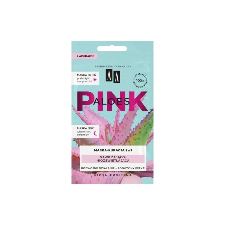 AA Aloes Pink зволожуюча та освітлююча маска для обличчя день + нічний догляд 2x4 г